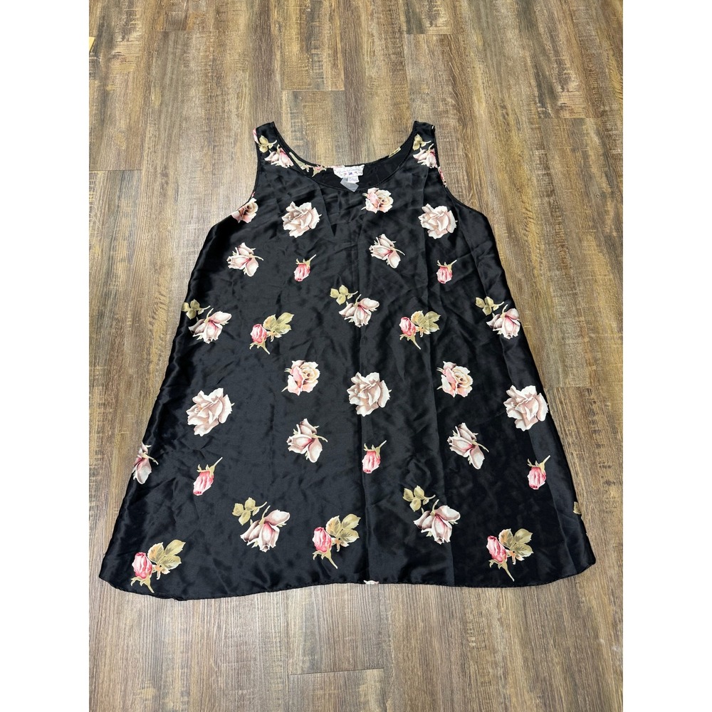 Gloria Vanderbilt VTG Black Pink Rose Floral Satin Sleep Chemise Nightgown 18/20